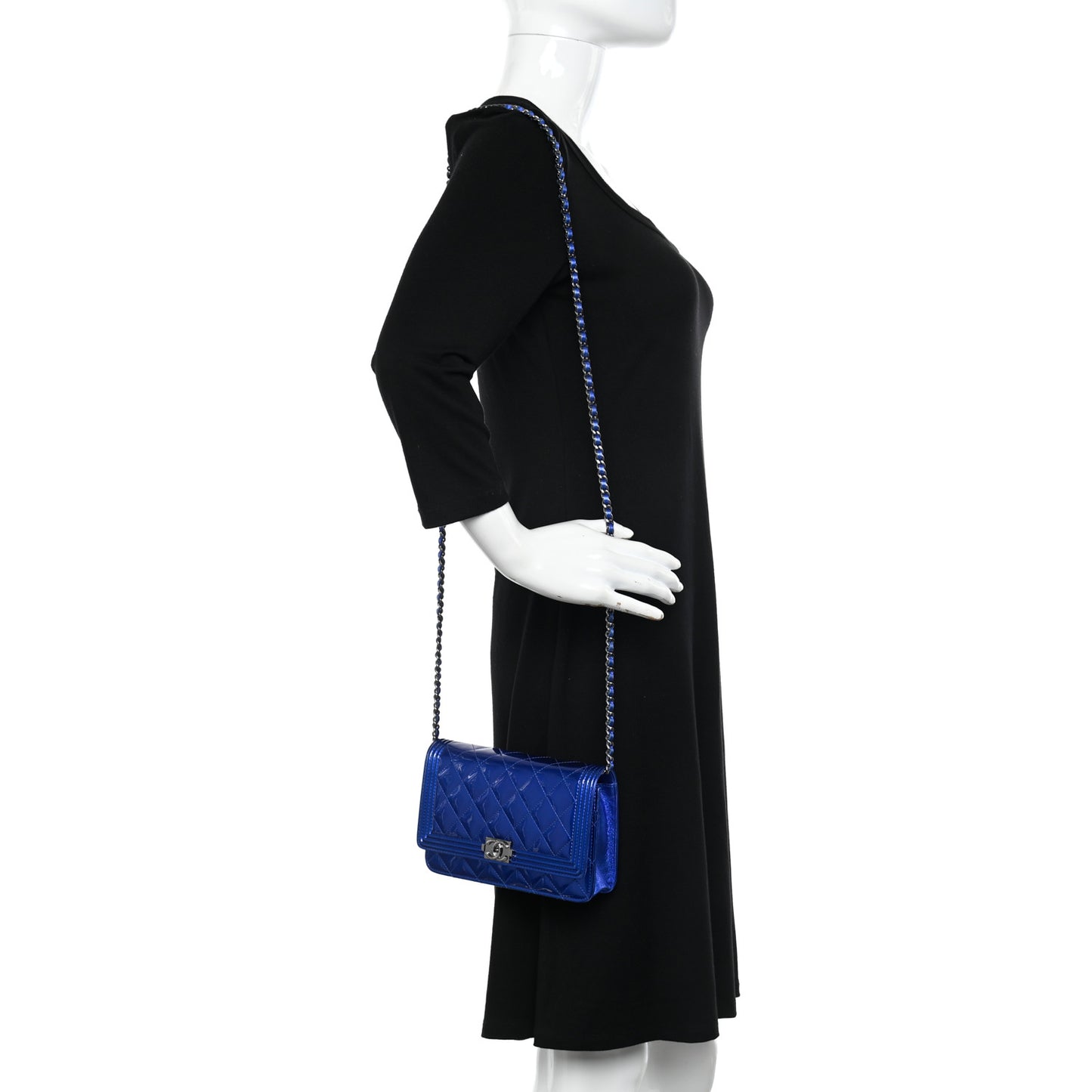 Metallic Patent Calfskin Quilted Boy Wallet on Chain WOC Blue