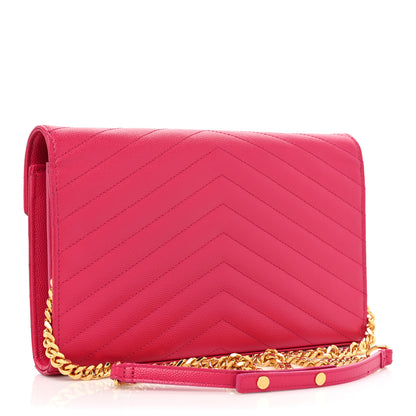 Saint Laurent Grain De Poudre Matelasse Chevron Monogram Chain Wallet Hot Pink 3 of 10