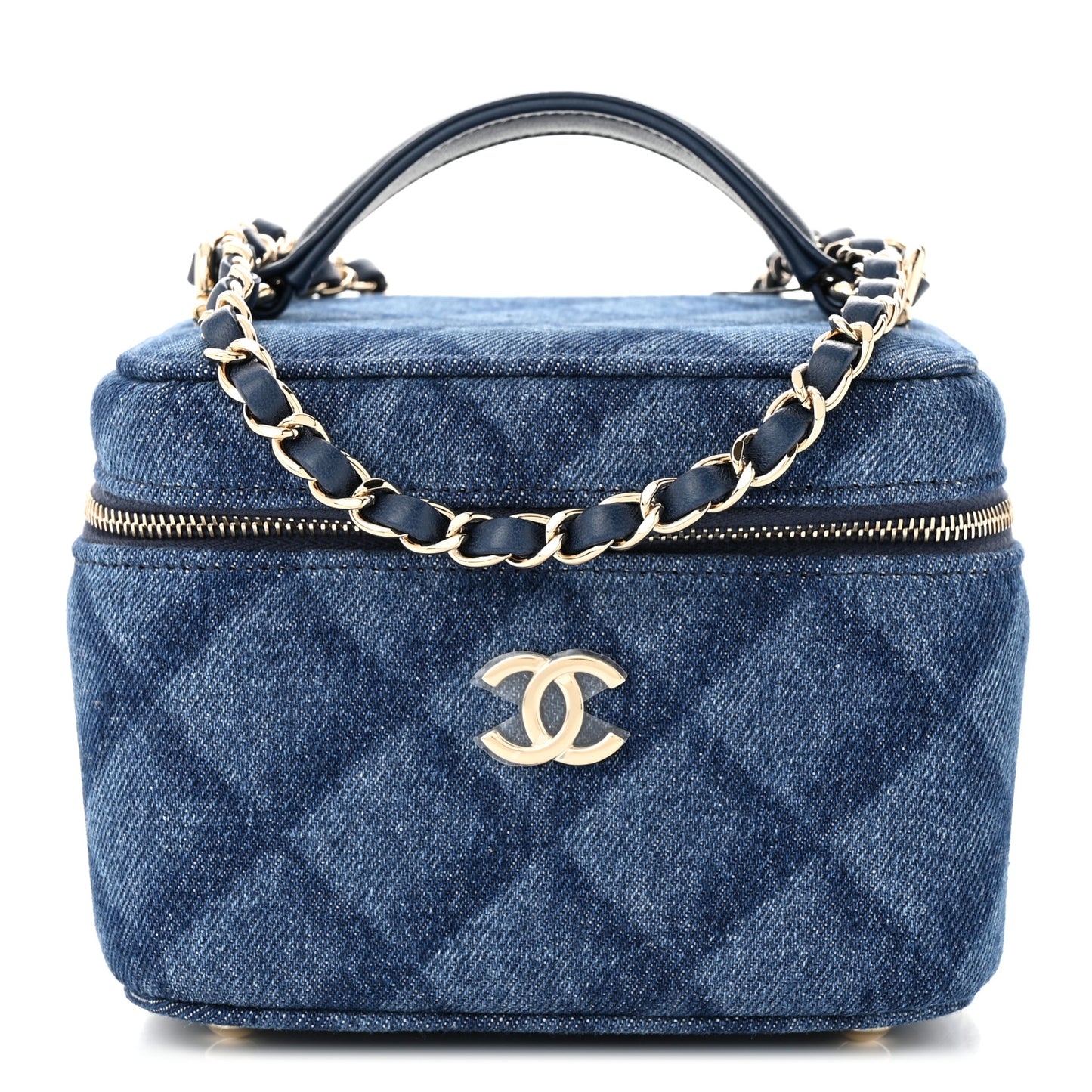 Printed Denim Quilted Mini Top Handle Vanity Case With Chain Dark Blue