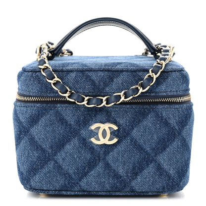 Chanel Printed Denim Quilted Mini Top Handle Vanity Case With Chain Dark Blue 1 of 10