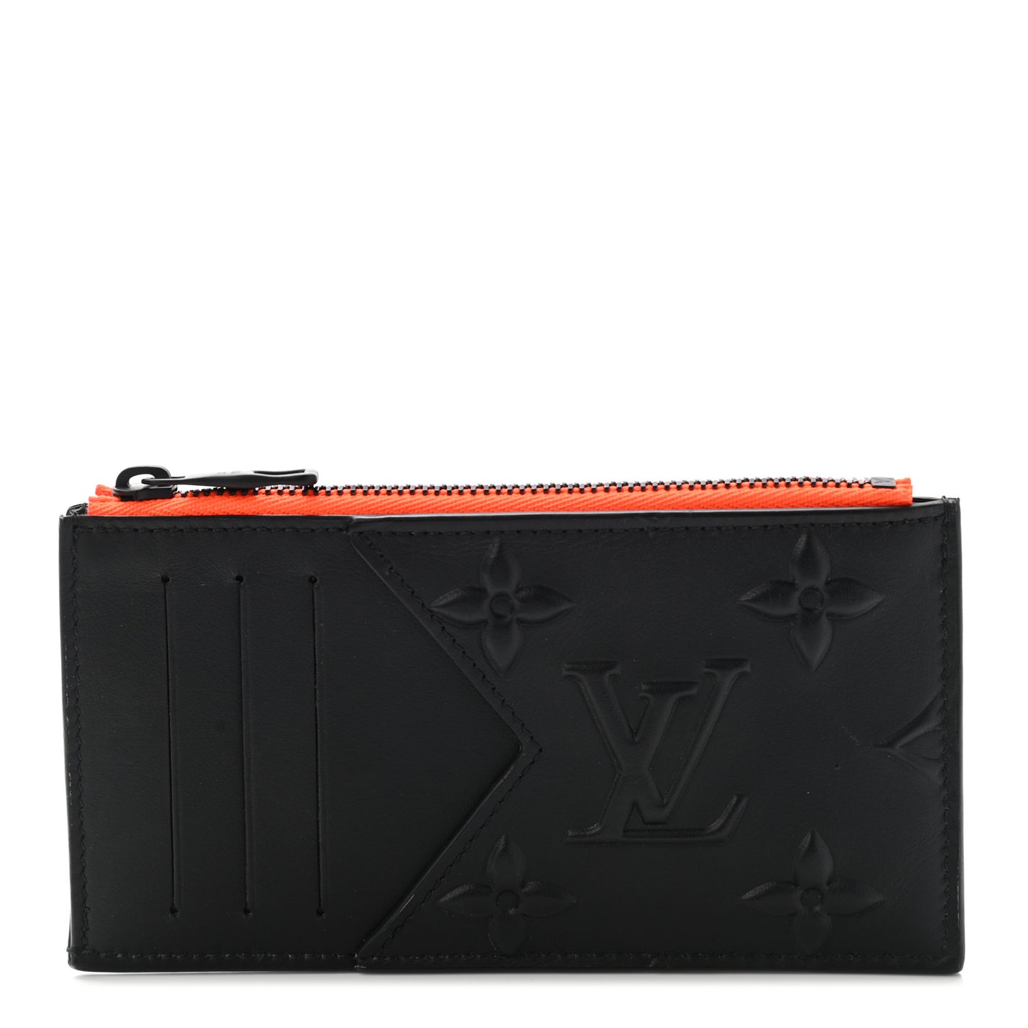 Calfskin Debossed Monogram Coin Card Holder Black