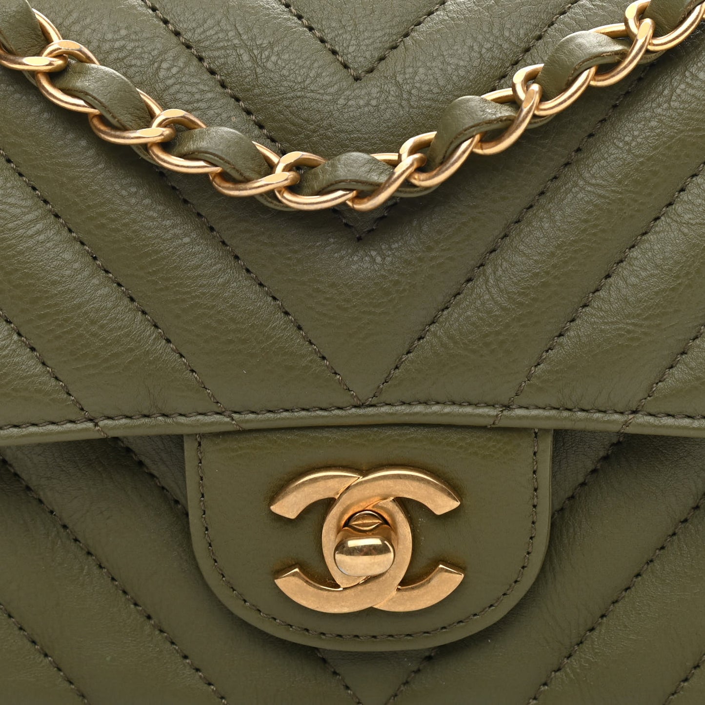 Calfskin Chevron Quilted Mini Rectangular Flap Khaki