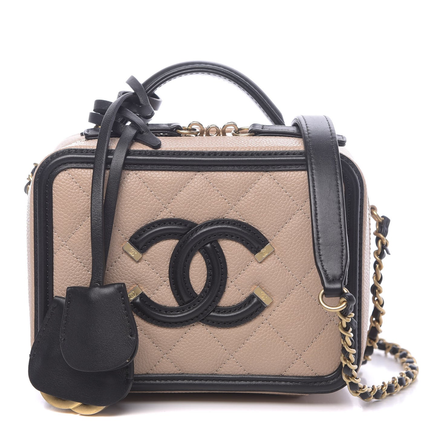 Caviar Quilted Small CC Filigree Vanity Case Beige Black