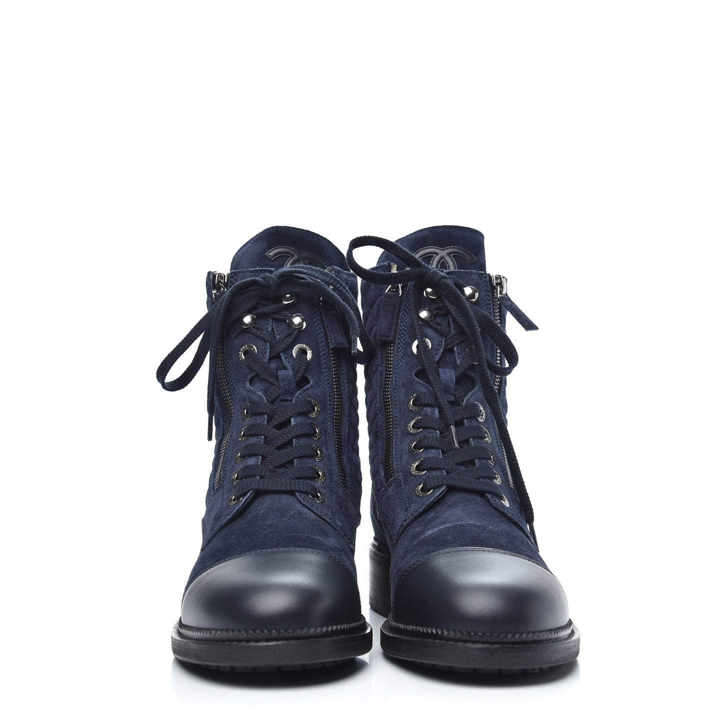 Suede Calfskin Quilted Lace Up Boots 40 Navy