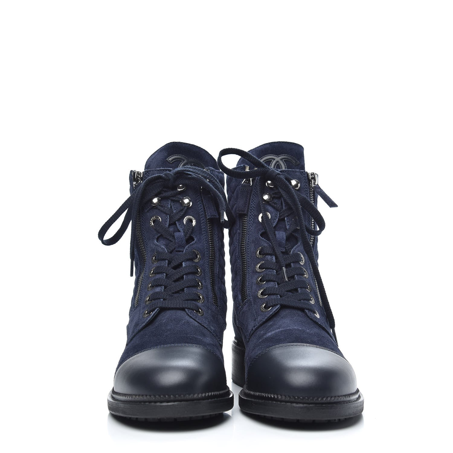 Chanel Suede Calfskin Quilted Lace Up Boots 40 Navy 2 of 8