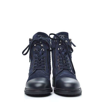 Chanel Suede Calfskin Quilted Lace Up Boots 40 Navy 2 of 8