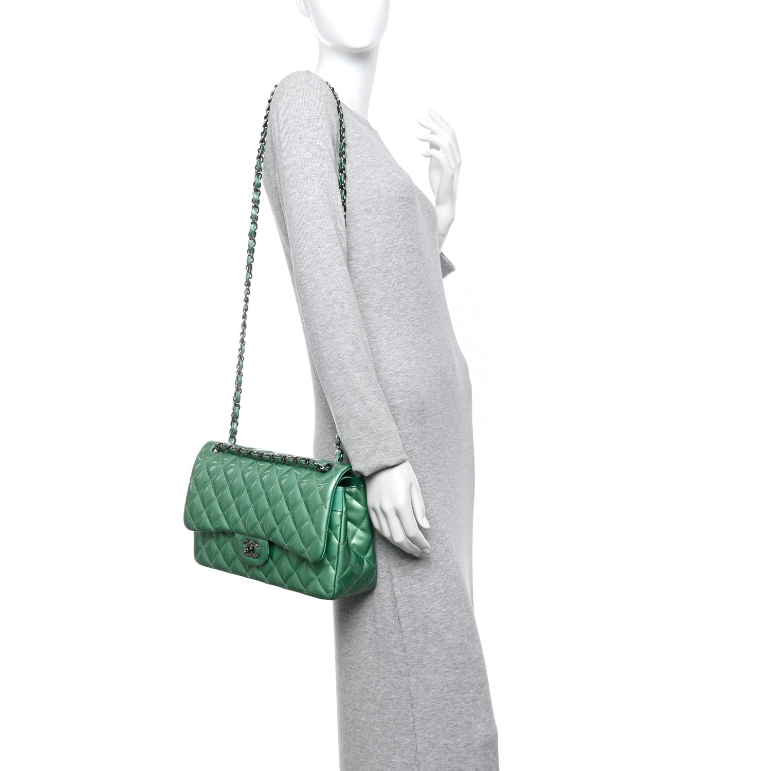Chanel Patent Calfskin Quilted Jumbo Double Flap Green 2 of 11