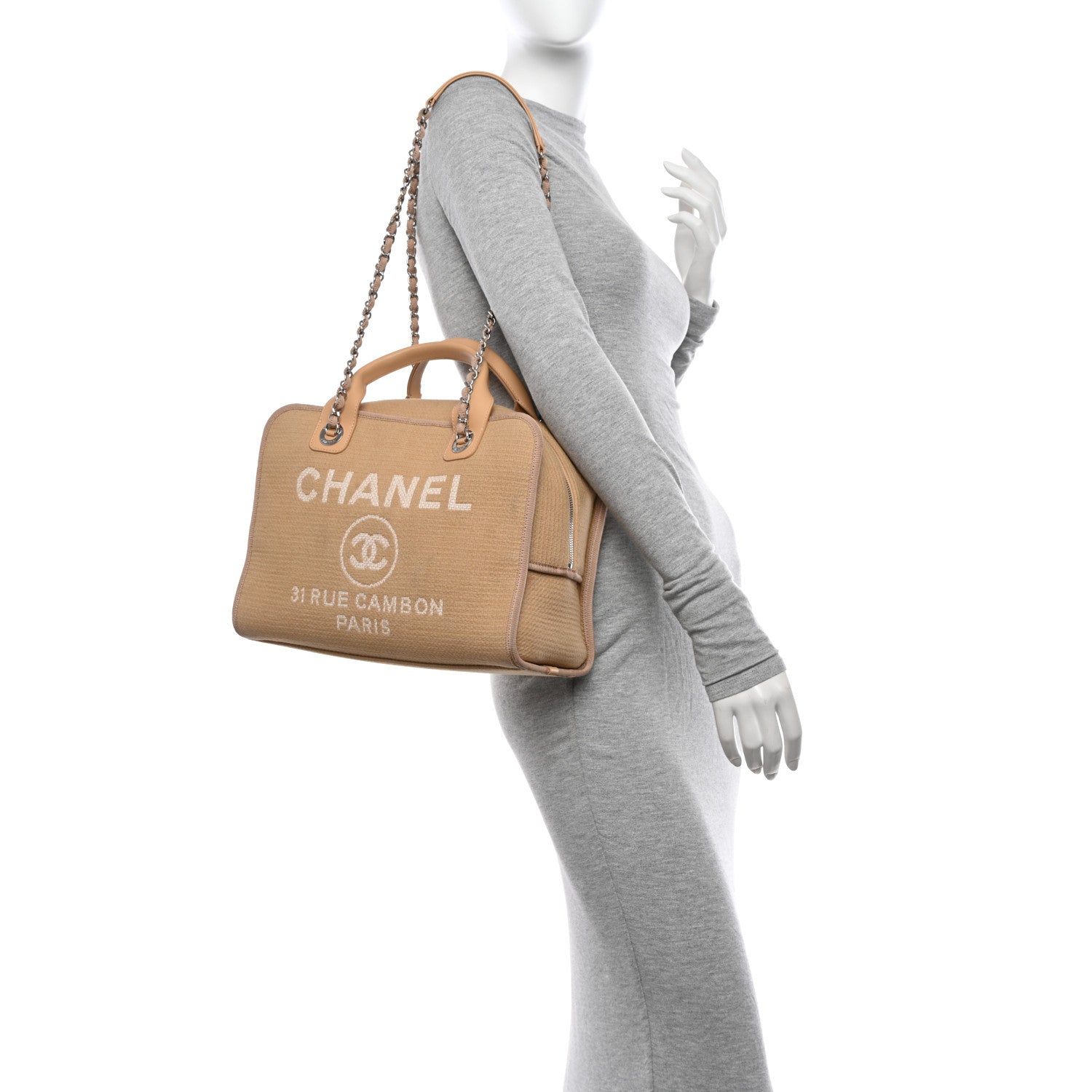 Chanel Canvas Deauville Bowling Bag Beige 2 of 18