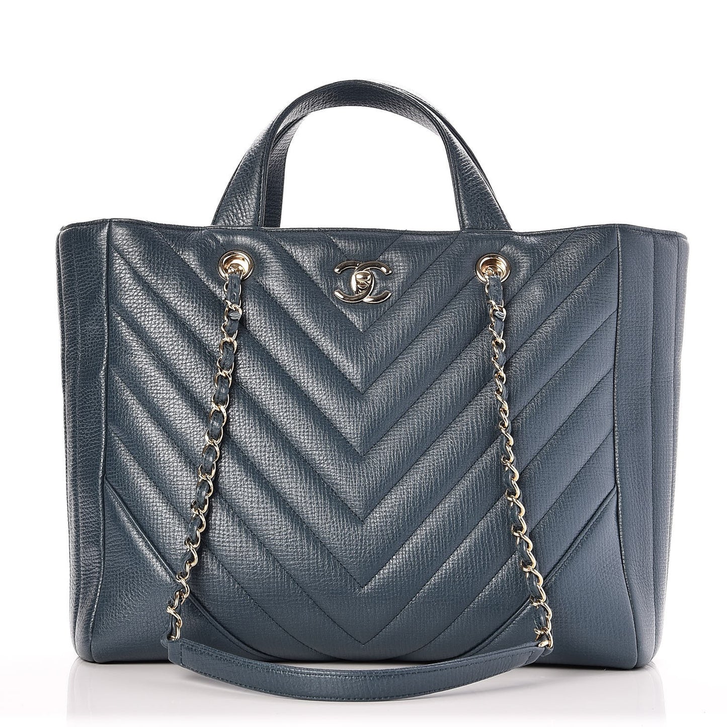 Metallic Calfskin Chevron Quilted Statement Shopping Bag Blue