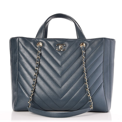 Chanel Metallic Calfskin Chevron Quilted Statement Shopping Bag Blue 1 of 14