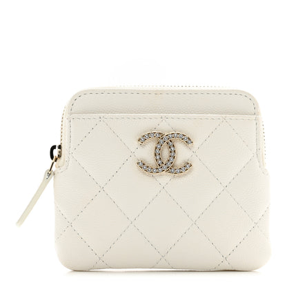 Chanel Caviar Quilted Crystal Zip Card Holder Wallet White 1 of 9