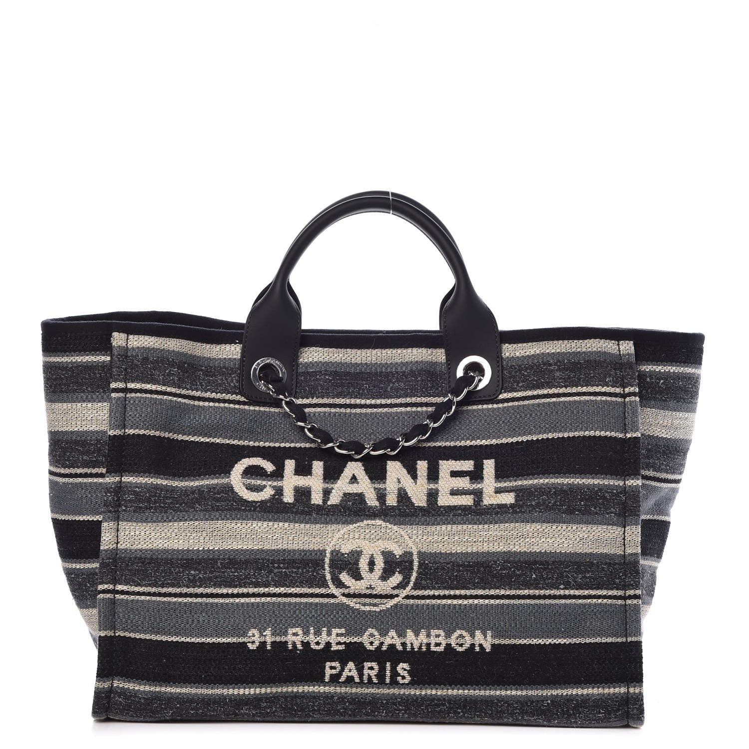 Chanel Striped Canvas Medium Deauville Tote Black 1 of 8