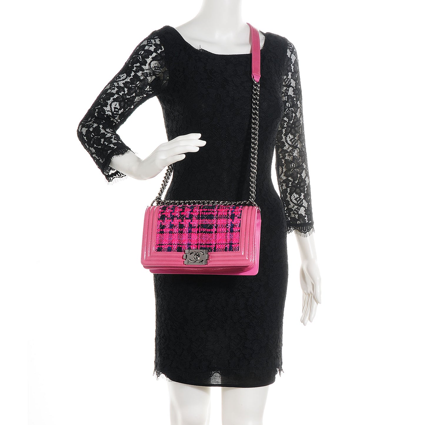 Patent Tweed Medium Boy Flap Fuchsia