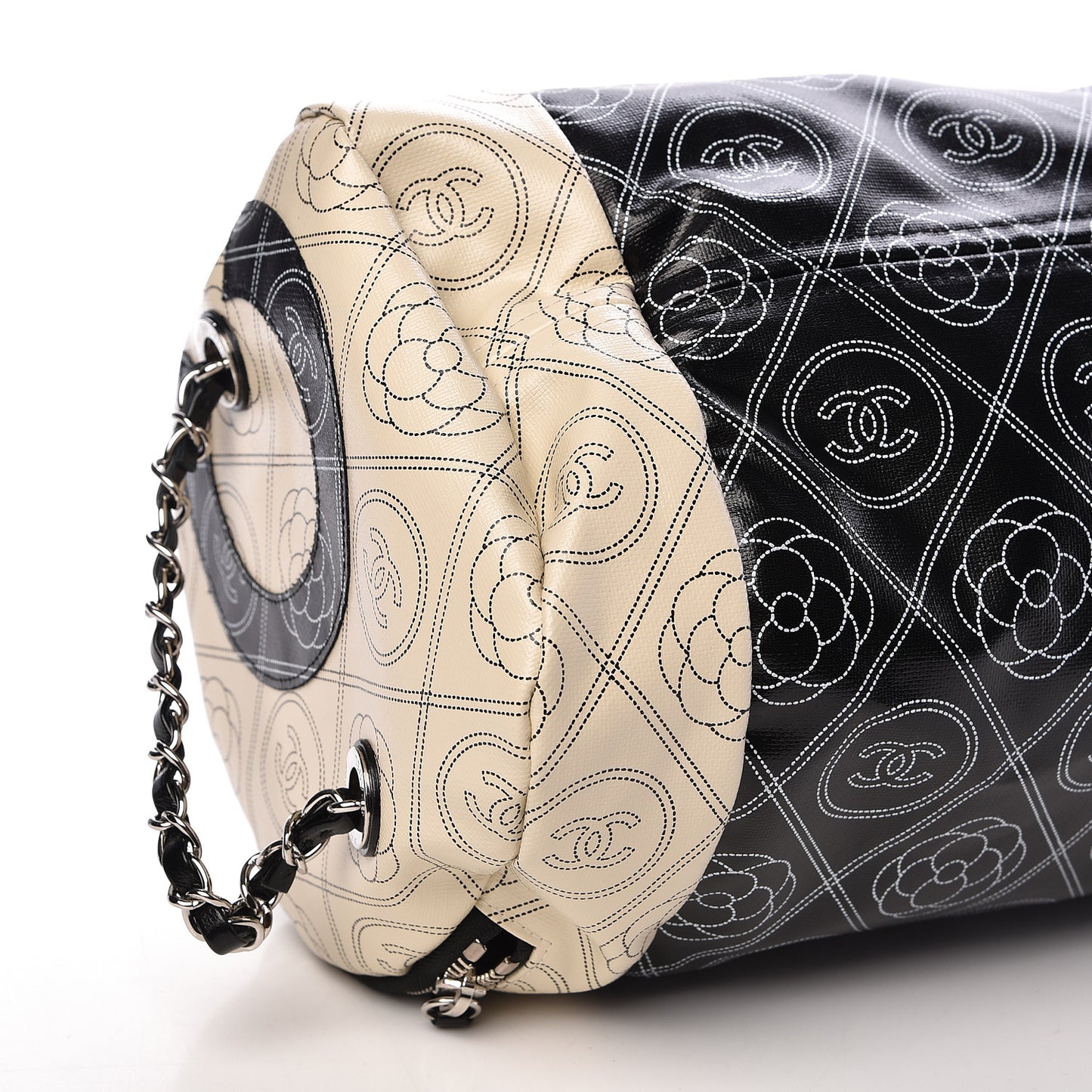 Coated Canvas Camellia Printed Calfskin Bowling Bag Black Beige