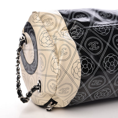 Chanel Coated Canvas Camellia Printed Calfskin Bowling Bag Black Beige 11 of 12