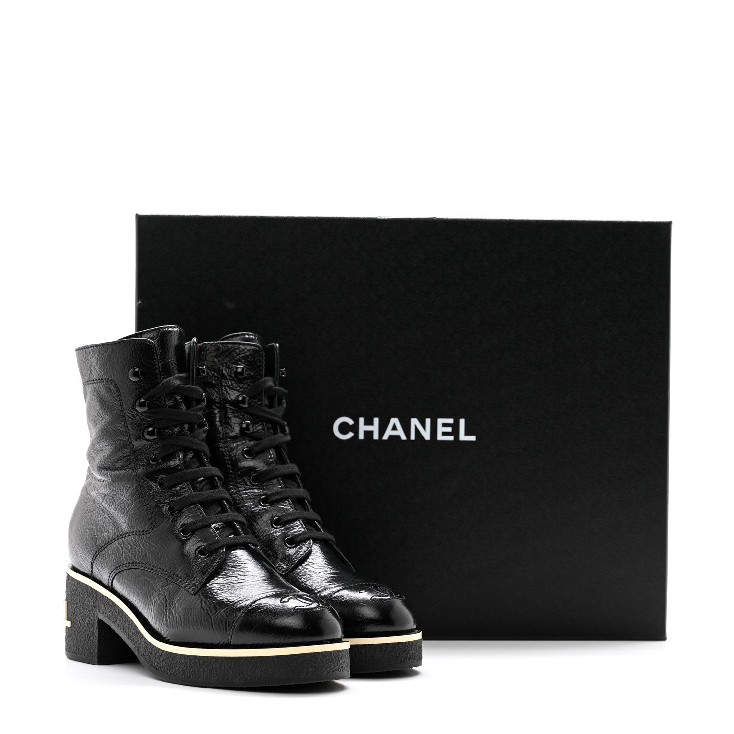 Chanel Shiny Crumpled Lambskin Lace Up Combat Boots 36 Black 10 of 10