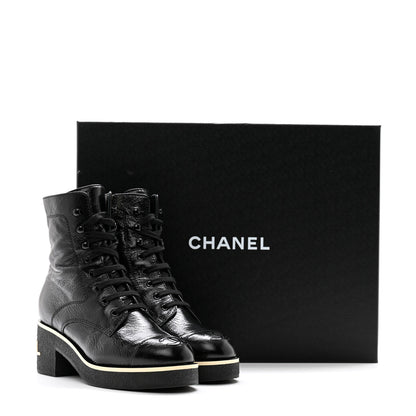 Chanel Shiny Crumpled Lambskin Lace Up Combat Boots 36 Black 10 of 10