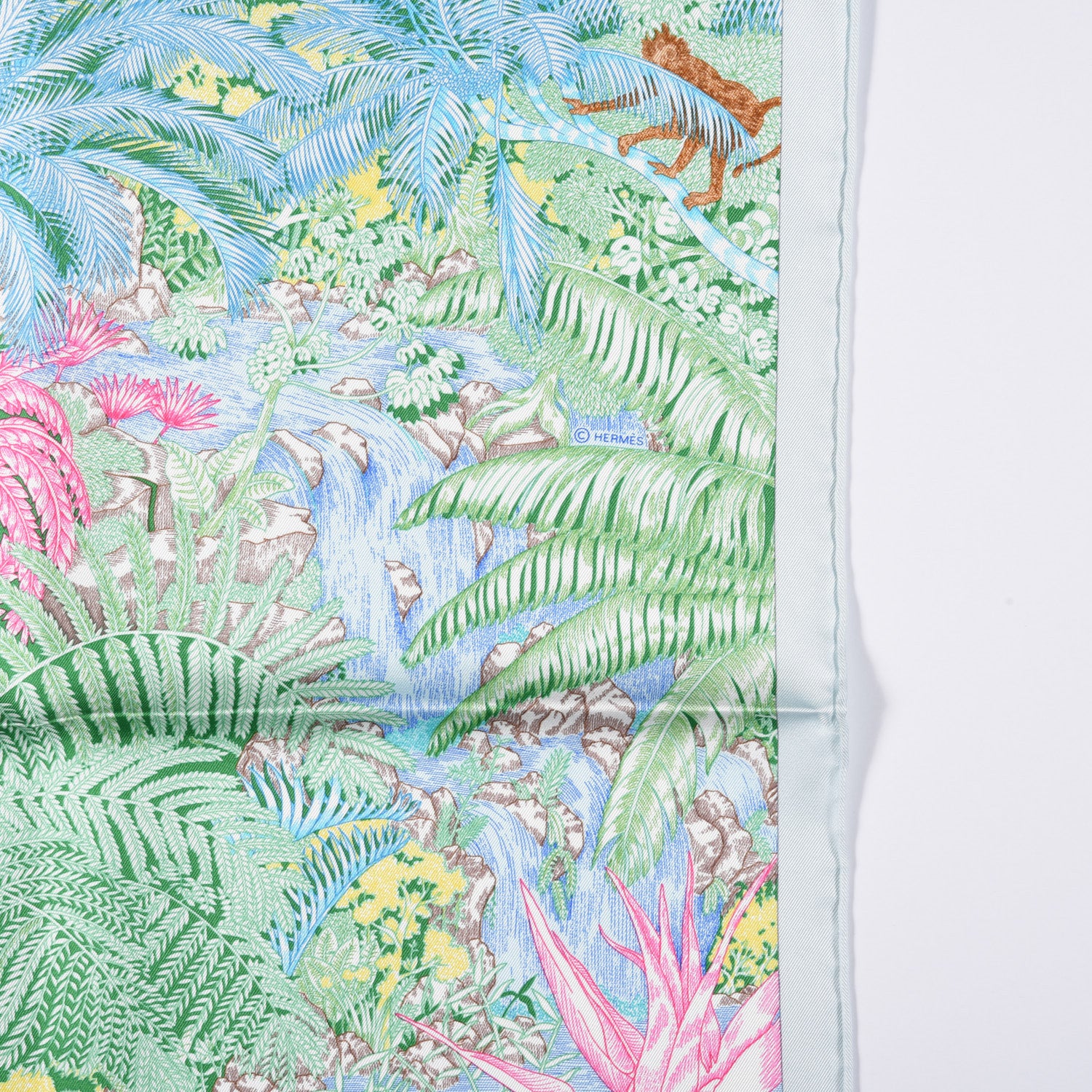 Hermes Silk Twill Faubourg Tropical Scarf 90 Bleu Vert Jaune 4 of 5