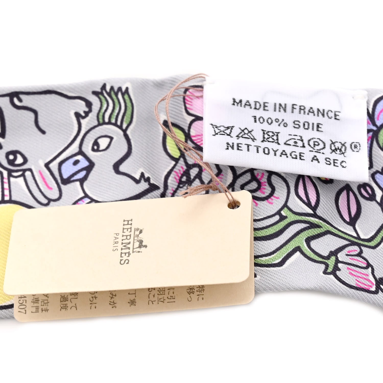 Hermes Silk Mille Et Un Lapins Twilly Gris Perle Rose Jaune 3 of 4