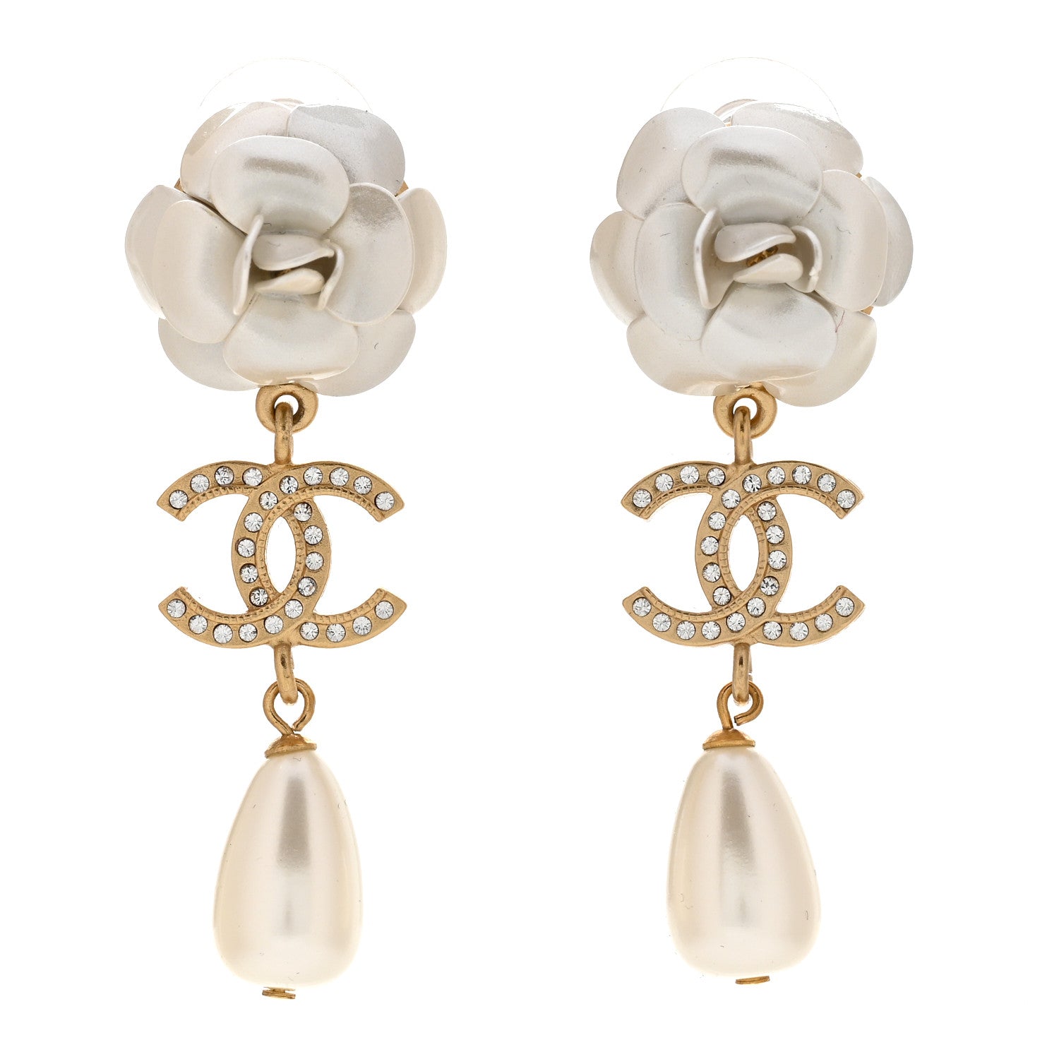 Chanel Metal Crystal Pearl 90s Camellia CC Drop Earrings Gold 1 of 5