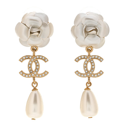 Chanel Metal Crystal Pearl 90s Camellia CC Drop Earrings Gold 1 of 5