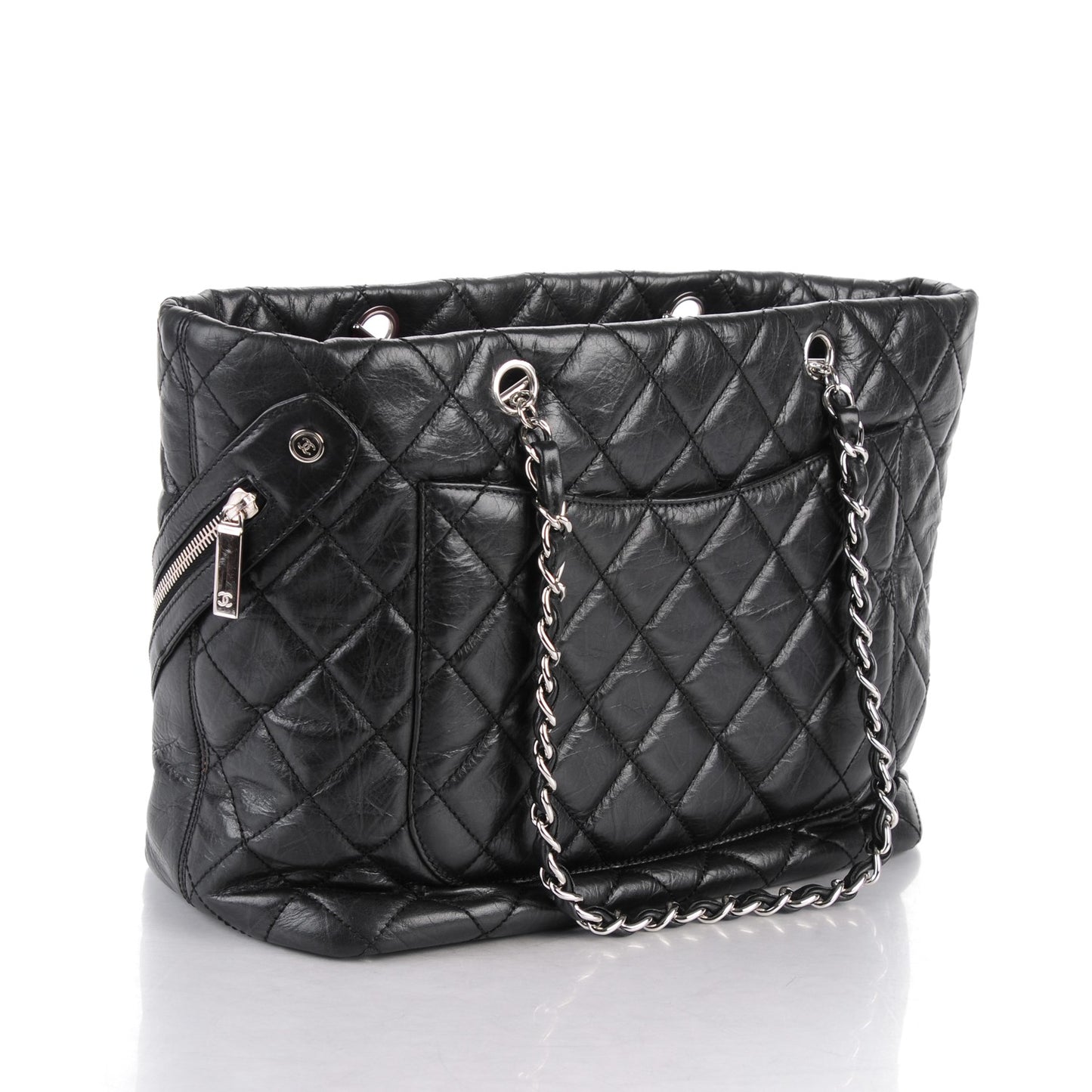 Aged Calfskin Quilted Large Cotton Club Tote Black