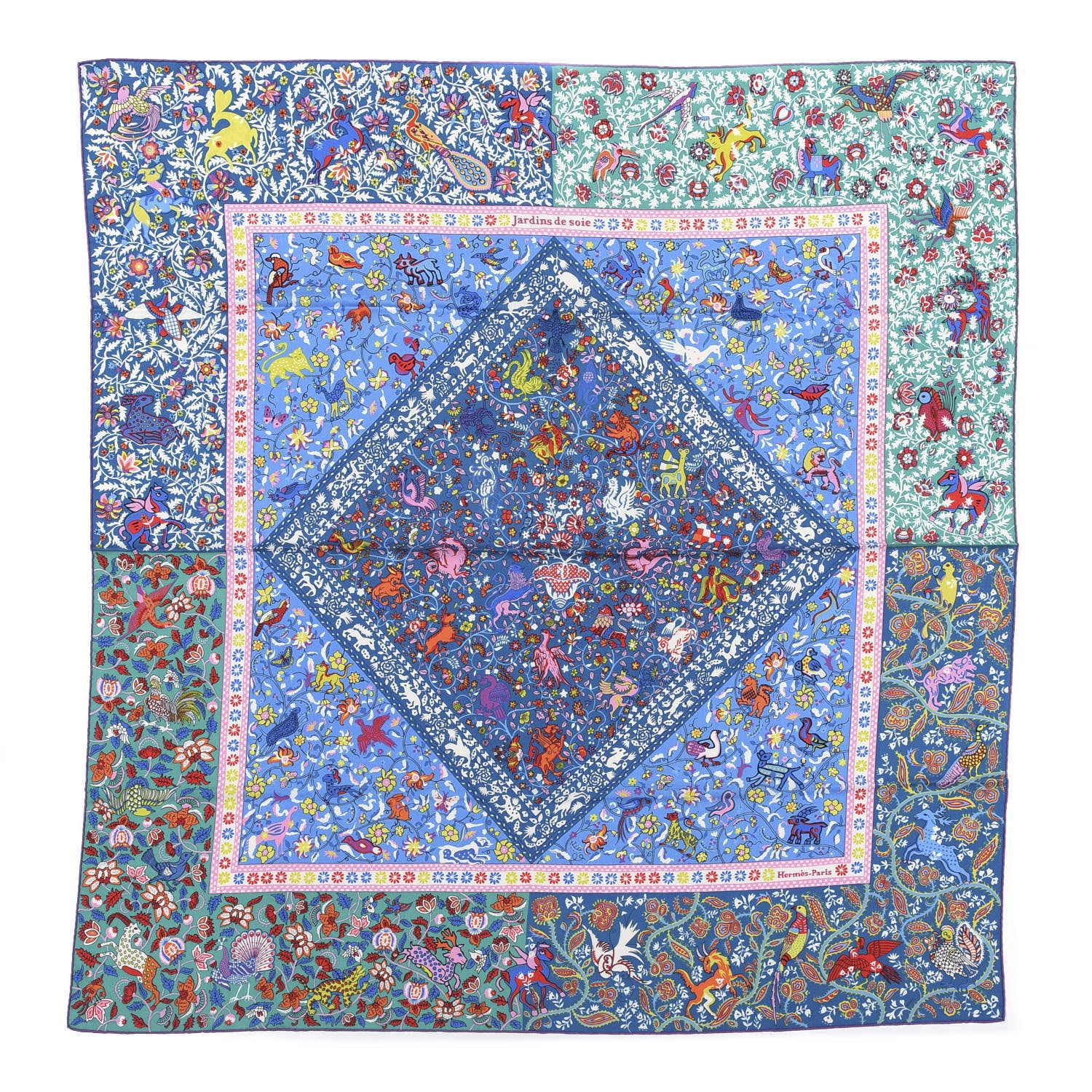 Hermes Cashmere Silk Jardins De Soie Shawl 140 Blue Vert Rose 1 of 5