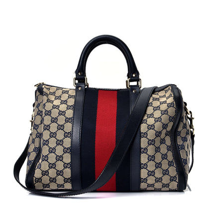 Gucci Monogram Selleria Calfskin Vintage Web Medium Boston Beige Blue 1 of 4