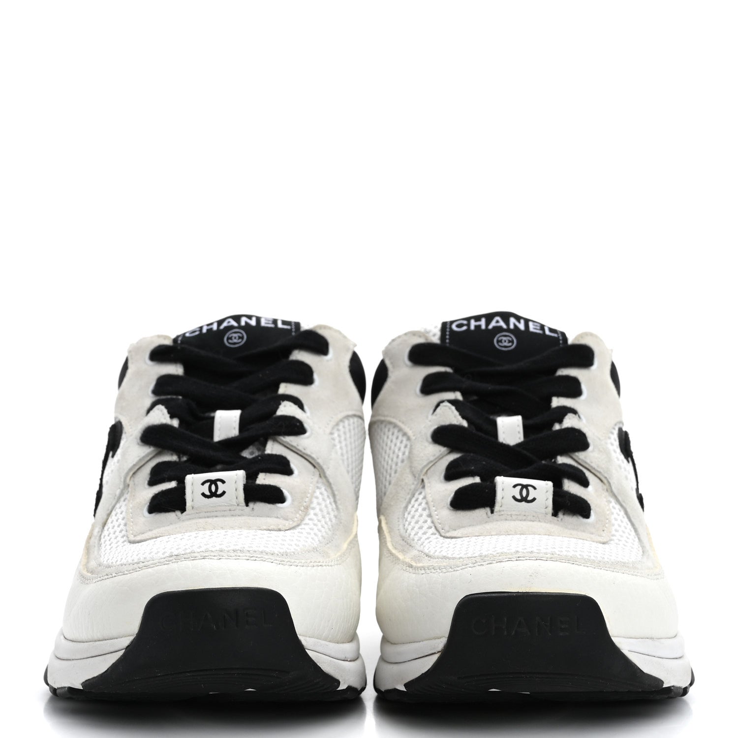 Chanel Mesh Suede Calfskin Grained Calfskin Womens CC Sneakers 37.5 White Black 3 of 12