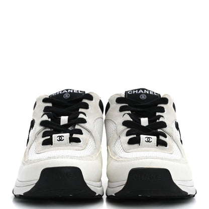 Chanel Mesh Suede Calfskin Grained Calfskin Womens CC Sneakers 37.5 White Black 3 of 12