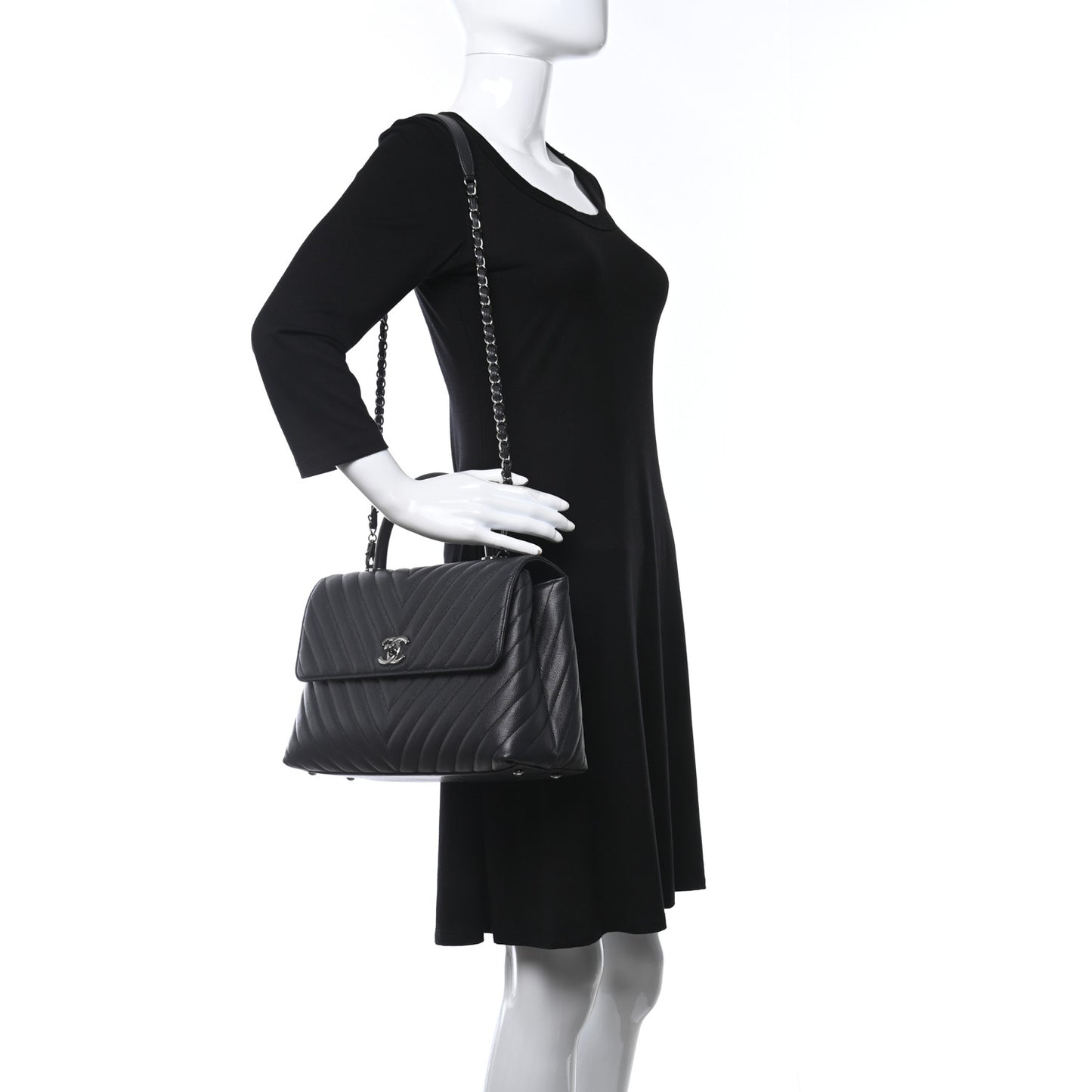 Caviar Chevron Quilted Medium Coco Handle Flap Dark Grey