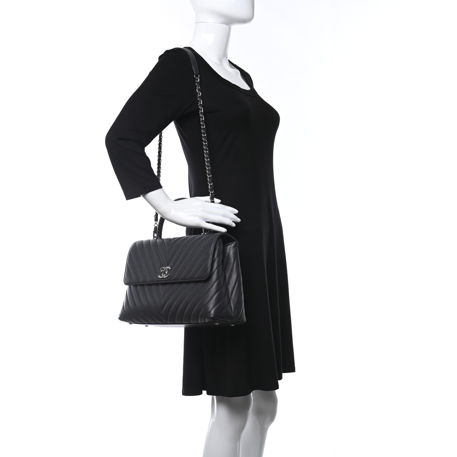 Chanel Caviar Chevron Quilted Medium Coco Handle Flap Dark Grey 2 of 9