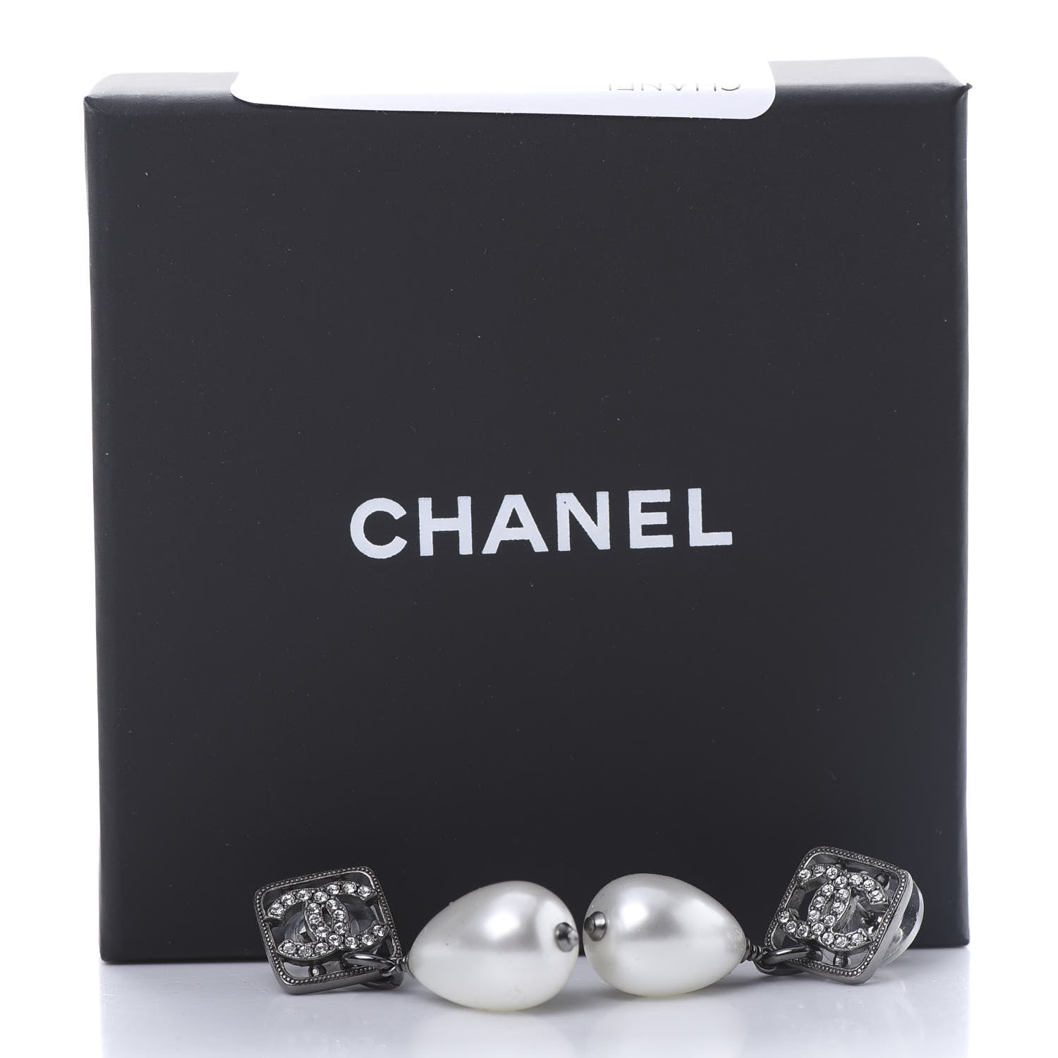 Chanel Ruthenium Crystal Pearl CC Square Drop Earrings Pearly White 5 of 5