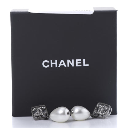Chanel Ruthenium Crystal Pearl CC Square Drop Earrings Pearly White 5 of 5