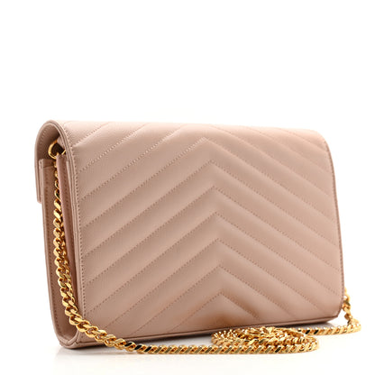 Saint Laurent Grain De Poudre Matelasse Chevron Monogram Chain Wallet Pale Pink 3 of 12