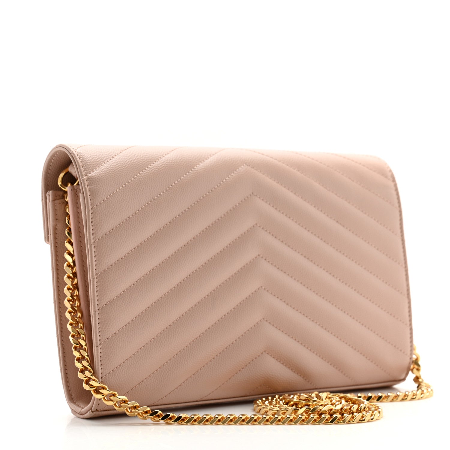 Saint Laurent Grain De Poudre Matelasse Chevron Monogram Chain Wallet Pale Pink 3 of 11