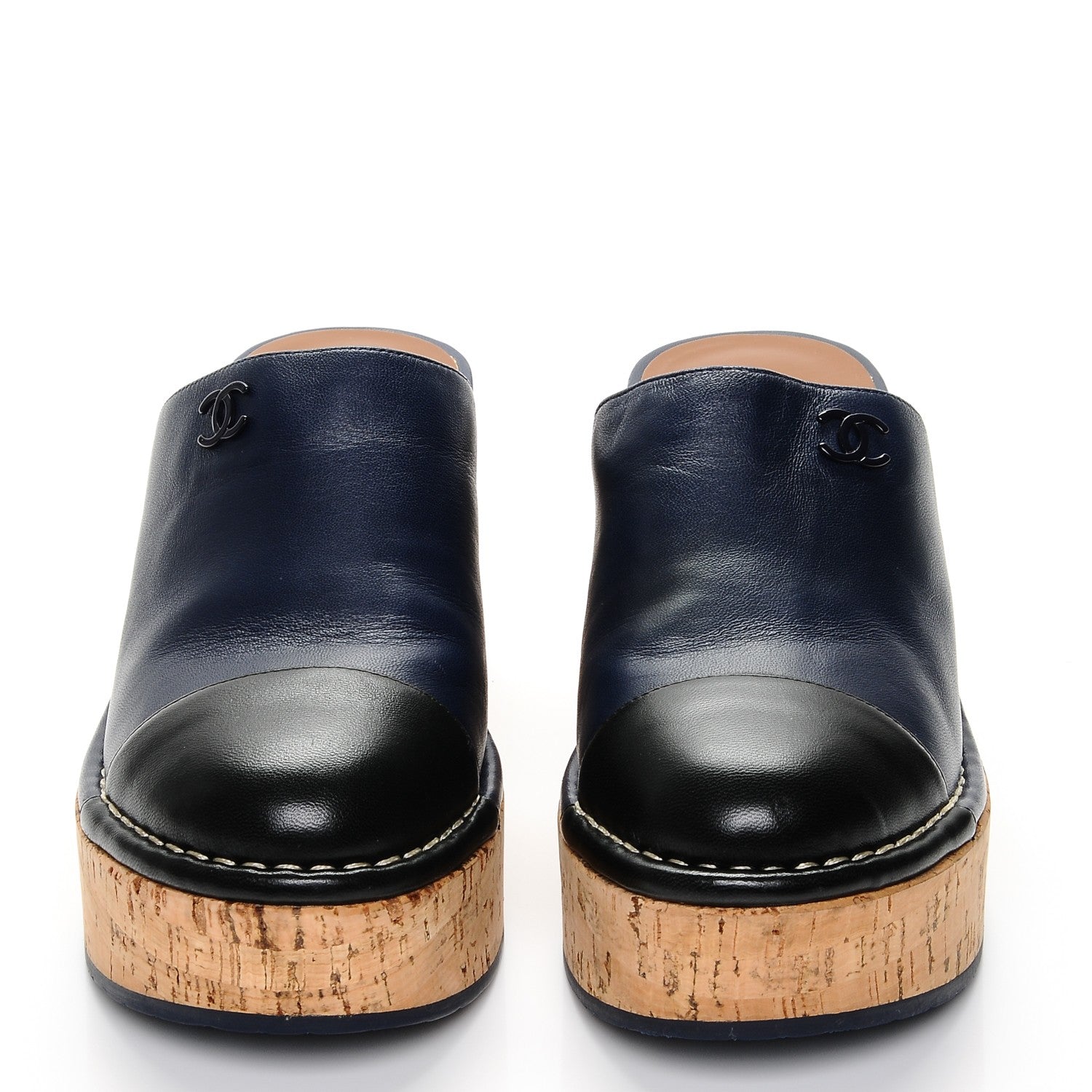 Chanel Glazed Calfskin Cork Cap Toe Platform Mules 37.5 Navy Black 4 of 7