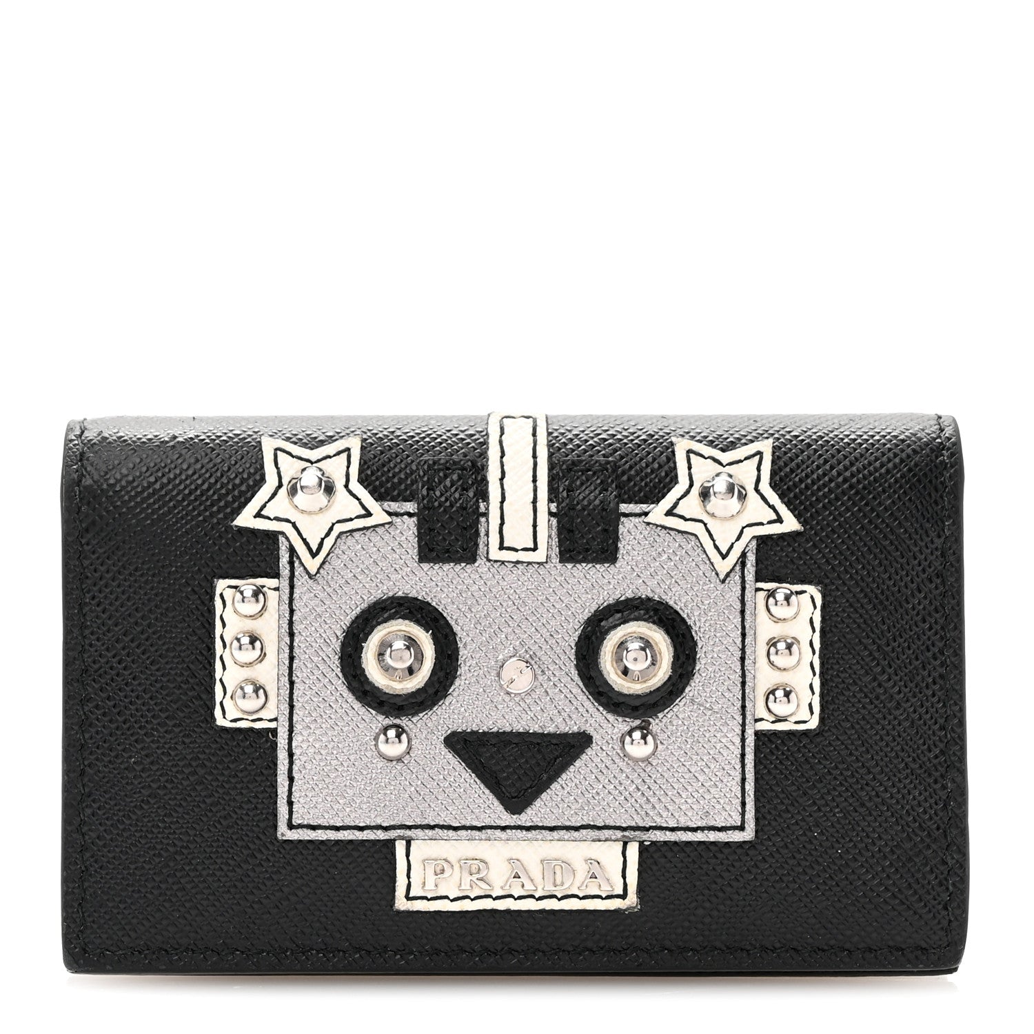 Prada Saffiano Robot Metal Bi-Fold Card Holder Wallet Black Cromo 1 of 10