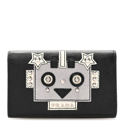 Prada Saffiano Robot Metal Bi-Fold Card Holder Wallet Black Cromo 1 of 10