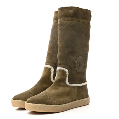 Chanel Suede Shearling Boots 36.5 Khaki 3 of 8