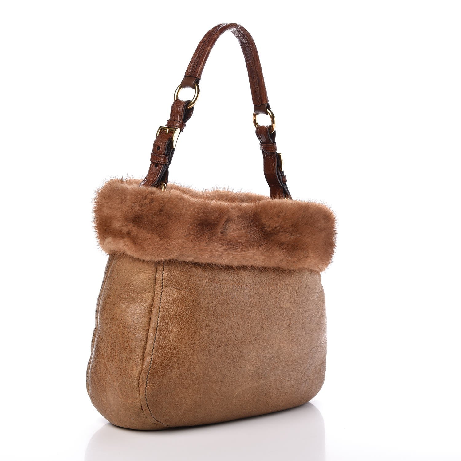 Prada Suede Shearling Mink Fur Crocodile Shoulder Bag 3 of 10