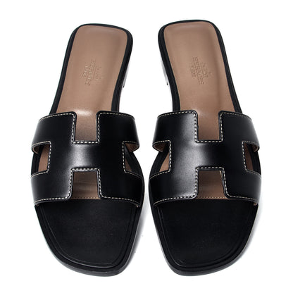 Hermes Box Calfskin Oran Sandals 36.5 Black 5 of 10
