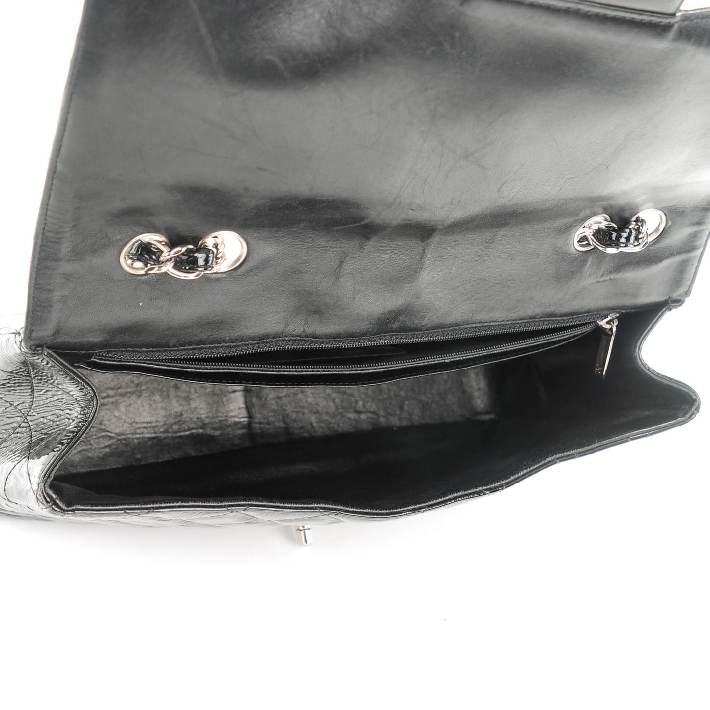 Distressed Patent Quilted Jumbo Single Flap Black