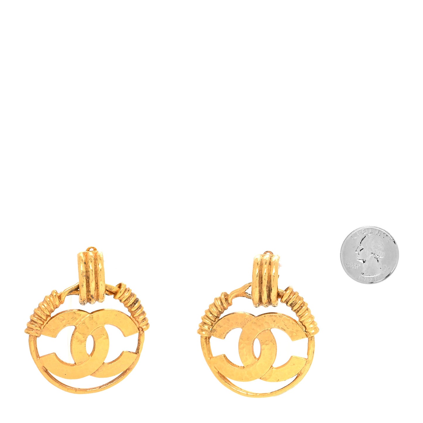 Hammered Metal Large CC Cutout Clip On Earrings Gold