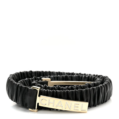 Chanel Lambskin Crystal Logo Belt 75 30 Black Gold 1 of 5