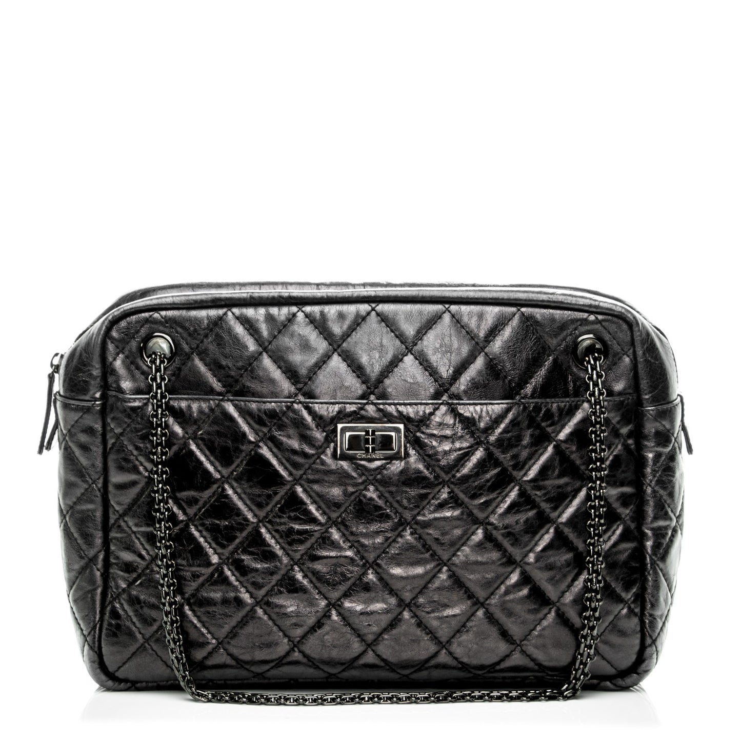 Metallic Aged Calfskin Quilted Large Reissue Camera Case Black