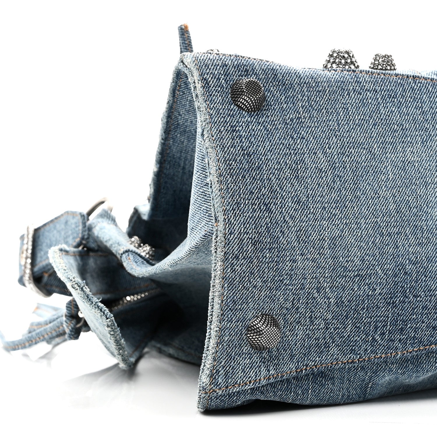 Balenciaga Washed Frayed Denim Crystal Neo Cagole City Handbag Blue 9 of 11