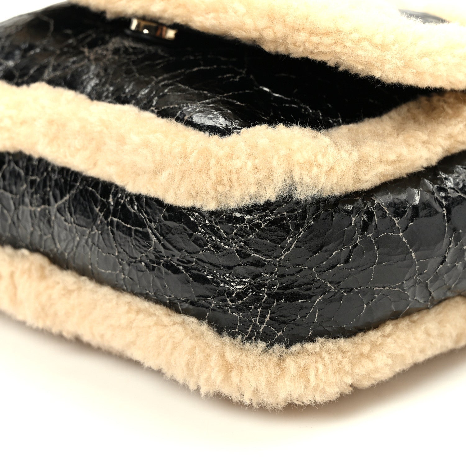 Chanel Shiny Crumpled Sheepskin Shearling CC Mania Flap Bag Black Beige 10 of 10