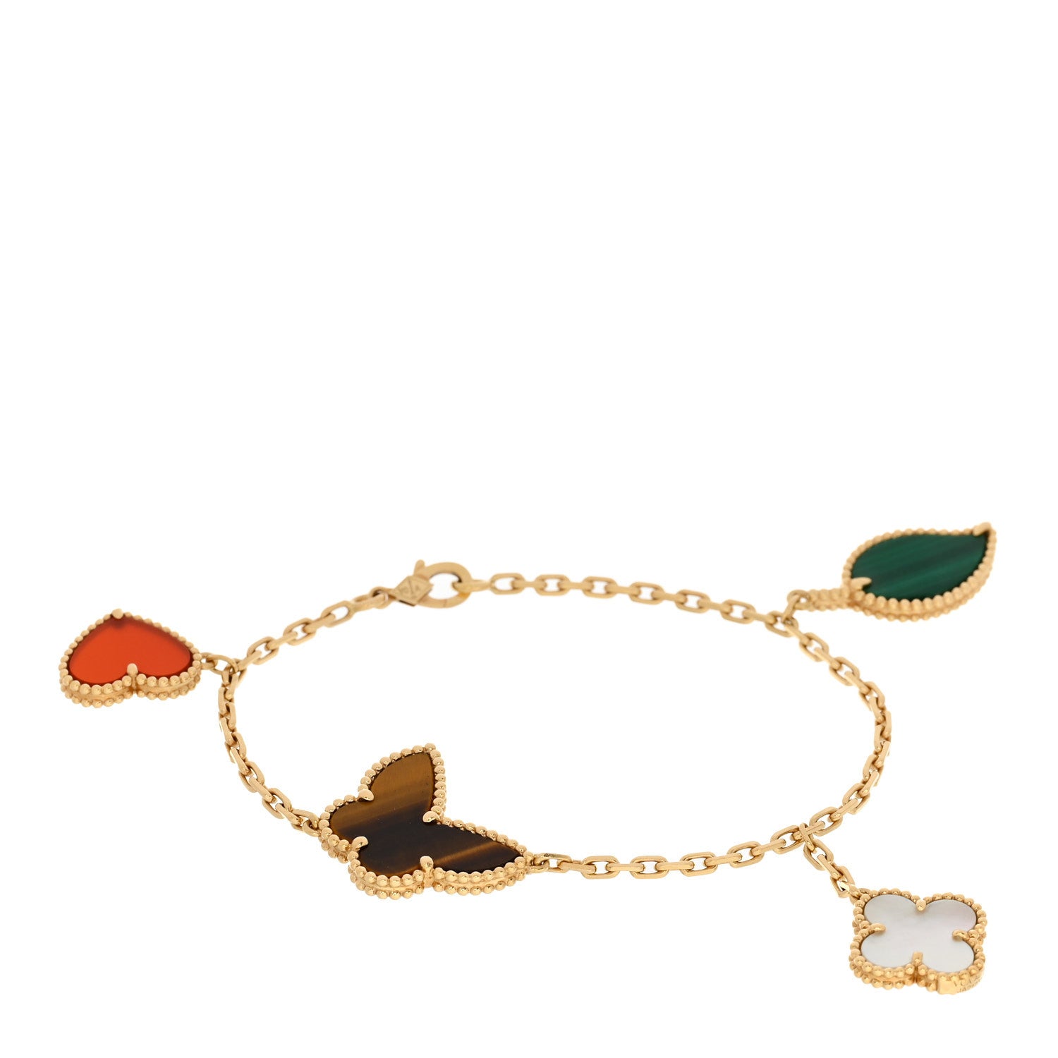Van Cleef & Arpels 18K Yellow Gold Mother of Pearl Malachite Carnelian Tiger Eye 4 Motifs Lucky Alhambra Bracelet 1 of 4