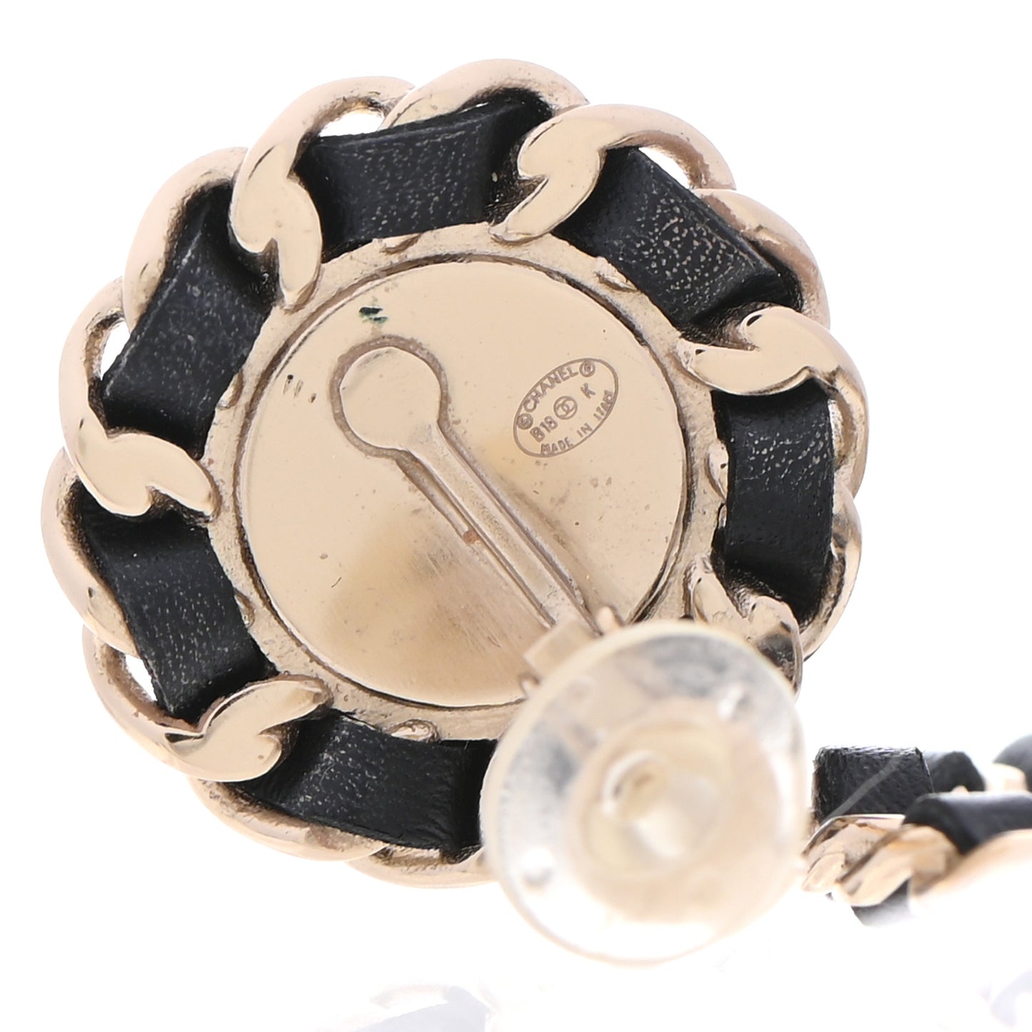 Pearl Lambskin Chain Logo Hoop Clip On Earrings Black Gold
